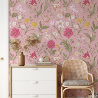 Vintage Pink Botanical Floral Peel and Stick Wallpaper, Romantic Cottagecore Flower Wall Mural, Dusty Rose Nature Decor