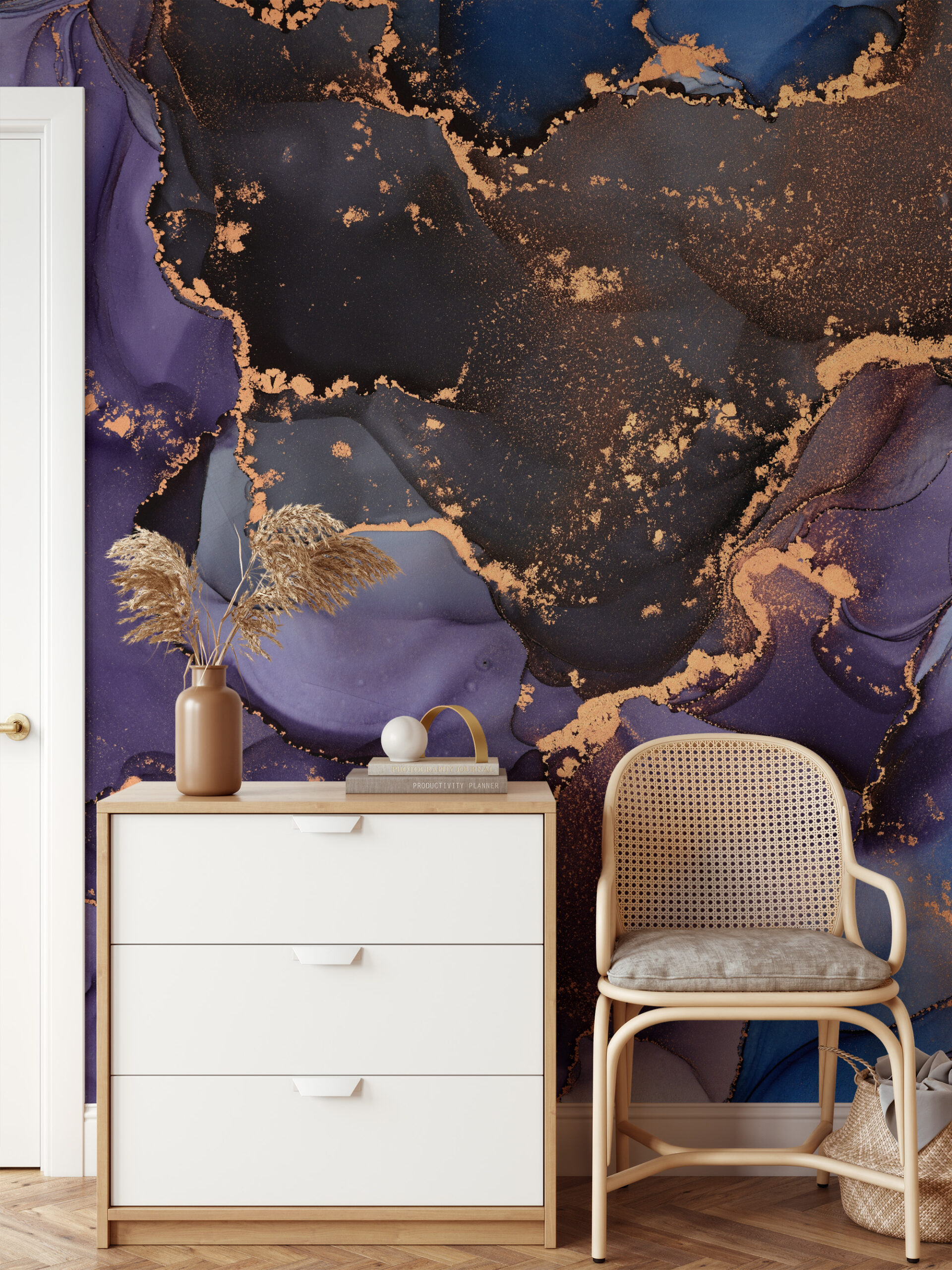 Luxury Purple and Navy Alcohol Ink Peel and Stick Wallpaper, Abstract Gold Vein Wall Mural, Modern Artistic Interior Decor