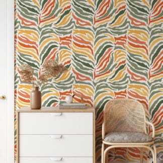 Vibrant Abstract Tiger Stripe Peel and Stick Wallpaper, Contemporary Orange Green and Yellow Wavy Wall Mural