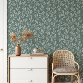 Sage Green and White Botanical Leaf Peel and Stick Wallpaper, Modern Teal Foliage Wall Mural