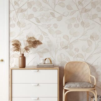 Neutral Watercolor Lunaria Leaf Peel and Stick Wallpaper, Modern Beige Botanical Nature Wall Mural