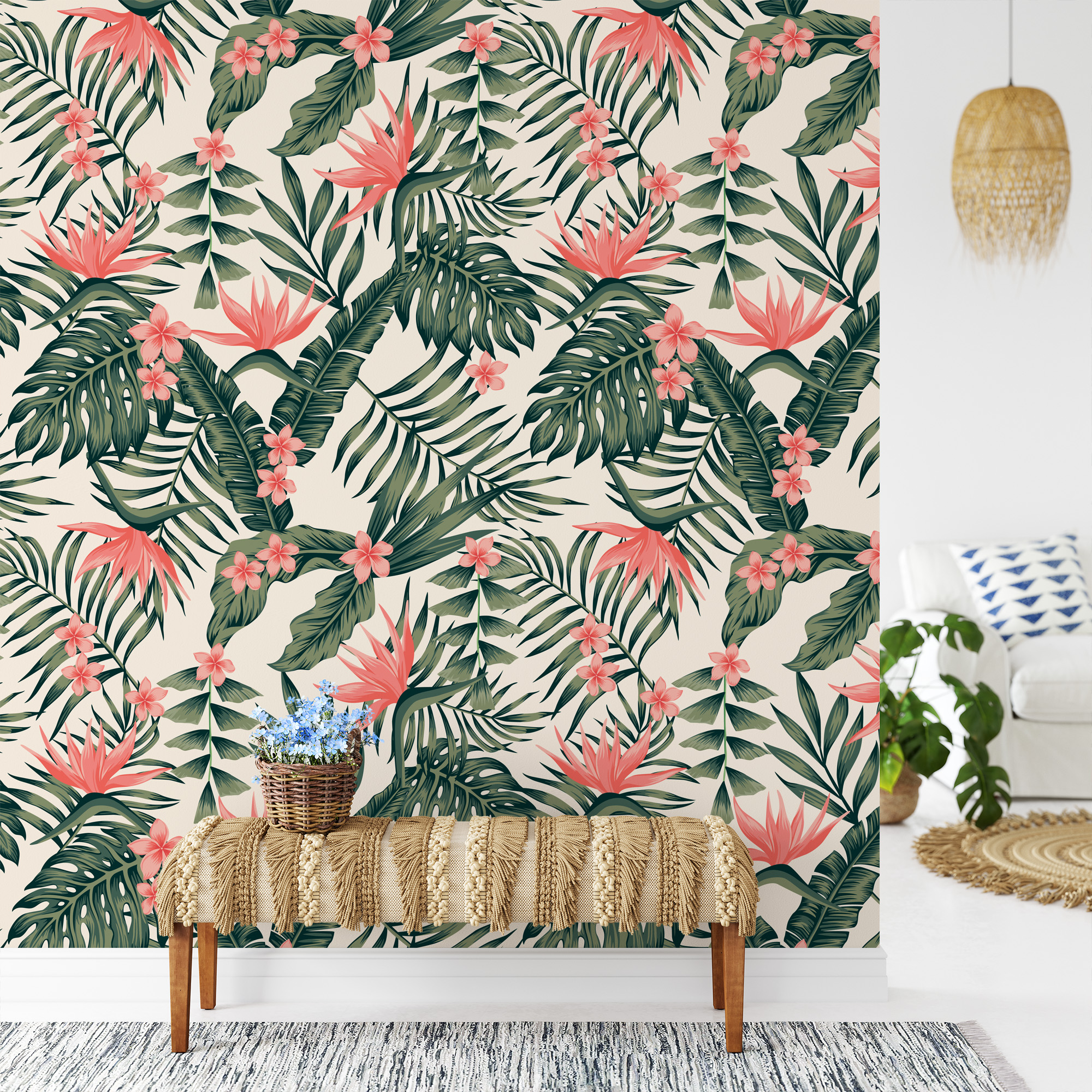 Modern Pink and Green Bird of Paradise Tropical Peel and Stick Wallpaper, Bold Botanical Monstera Wall Mural