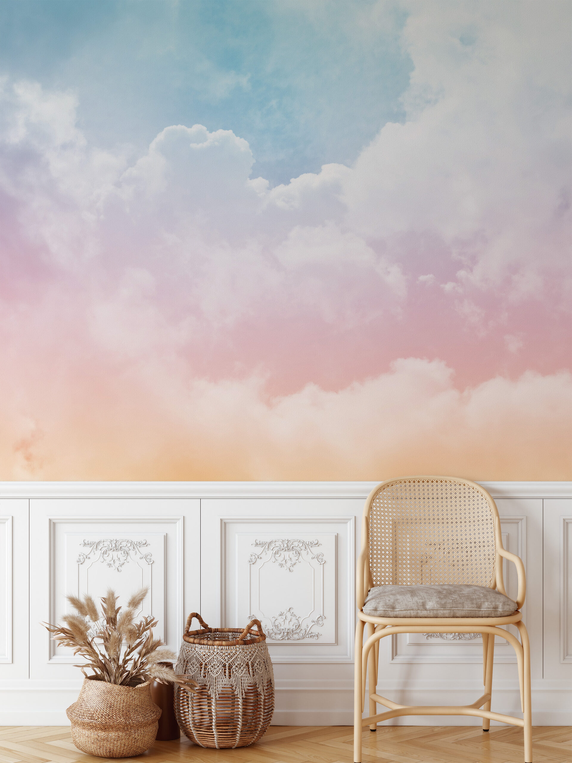 Modern Watercolor Pink and Blue Cloud Peel and Stick Wallpaper, Dreamy Sky Nursery Wall Mural