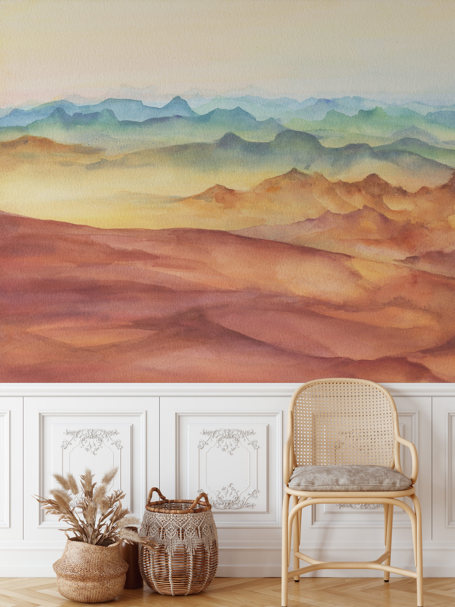 Modern Watercolor Terracotta Mountain Peel and Stick Wallpaper, Abstract Nature Wall Mural