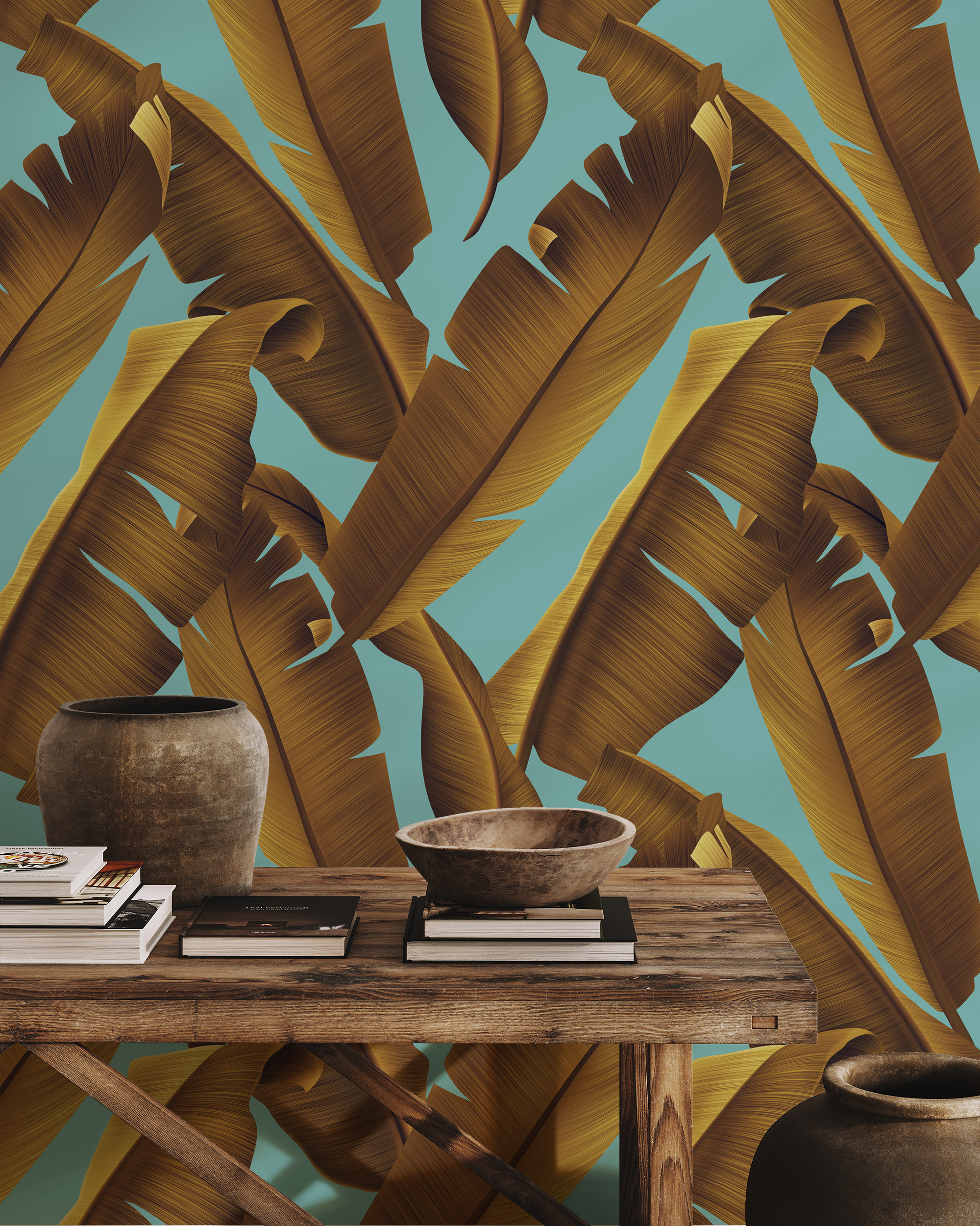 Modern Golden-Brown Banana Leaf Peel and Stick Wallpaper, Bold Teal Tropical Botanical Wall Mural