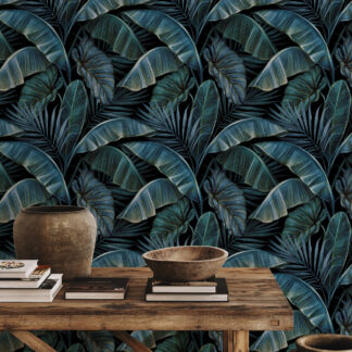 Luxury Moody Dark Teal and Navy Tropical Leaf Peel and Stick Wallpaper, Bold Botanical Palm Wall Mural