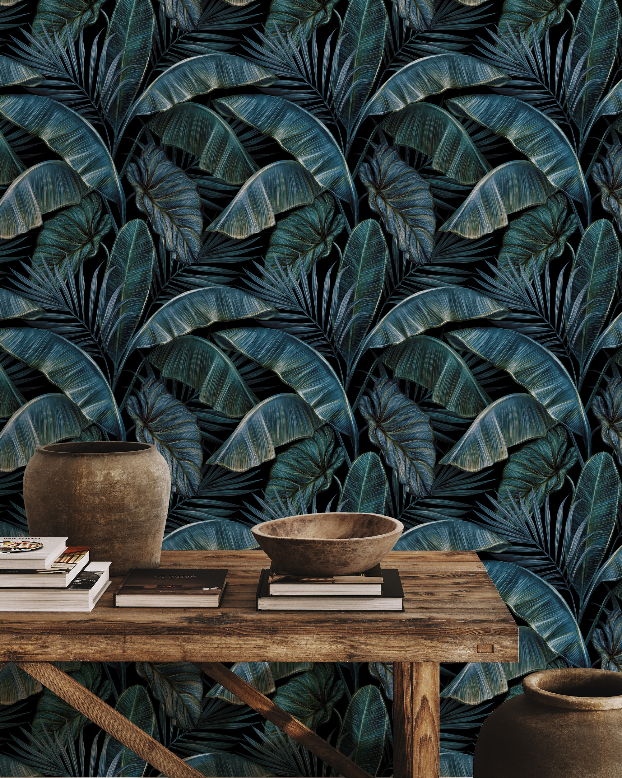 Luxury Moody Dark Teal and Navy Tropical Leaf Peel and Stick Wallpaper, Bold Botanical Palm Wall Mural