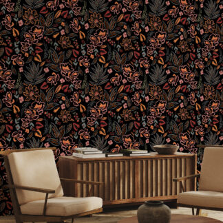 Moody Black Artistic Floral Peel and Stick Wallpaper, Vibrant Hand-Drawn Flower Wall Mural, Modern Maximalist Botanical Decor