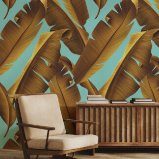 Modern Golden-Brown Banana Leaf Peel and Stick Wallpaper, Bold Teal Tropical Botanical Wall Mural