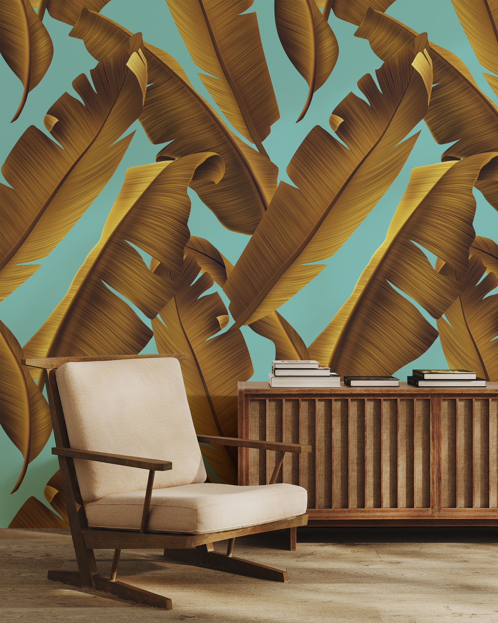 Modern Golden-Brown Banana Leaf Peel and Stick Wallpaper, Bold Teal Tropical Botanical Wall Mural