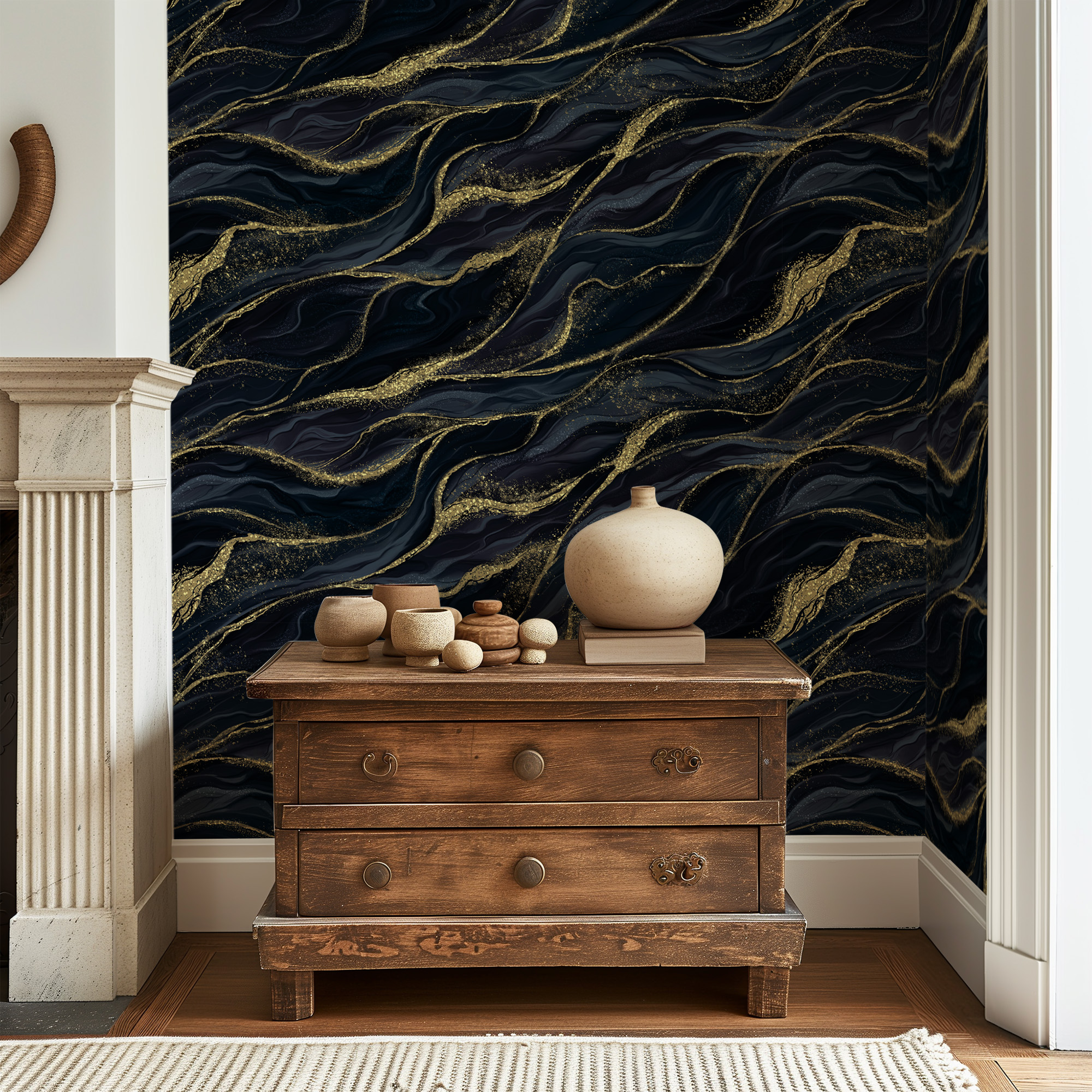 Luxury Black and Gold Marble Ink Peel and Stick Wallpaper, Navy Blue Gilded Fluid Wall Mural, Sophisticated Glam Decor