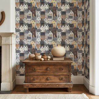 Modern Watercolor Whimsical Village Peel and Stick Wallpaper, Cozy Grey and Brown Town Bedroom Wall Mural