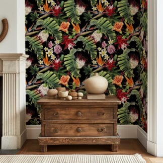 Moody Dark Tropical Floral Peel and Stick Wallpaper, Black Jungle Botanical Wall Mural, Exotic Leaf and Flower Removable Wall Decor