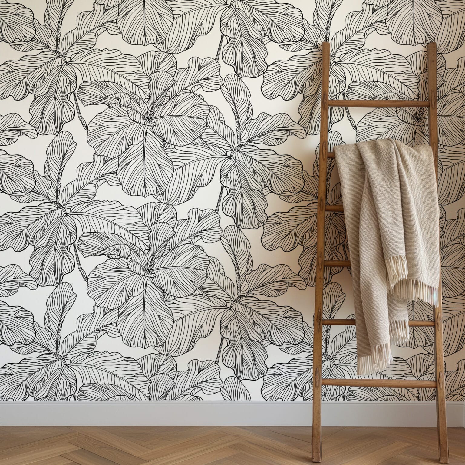 Minimalist Black and White Leaf Line Art Peel and Stick Wallpaper ...