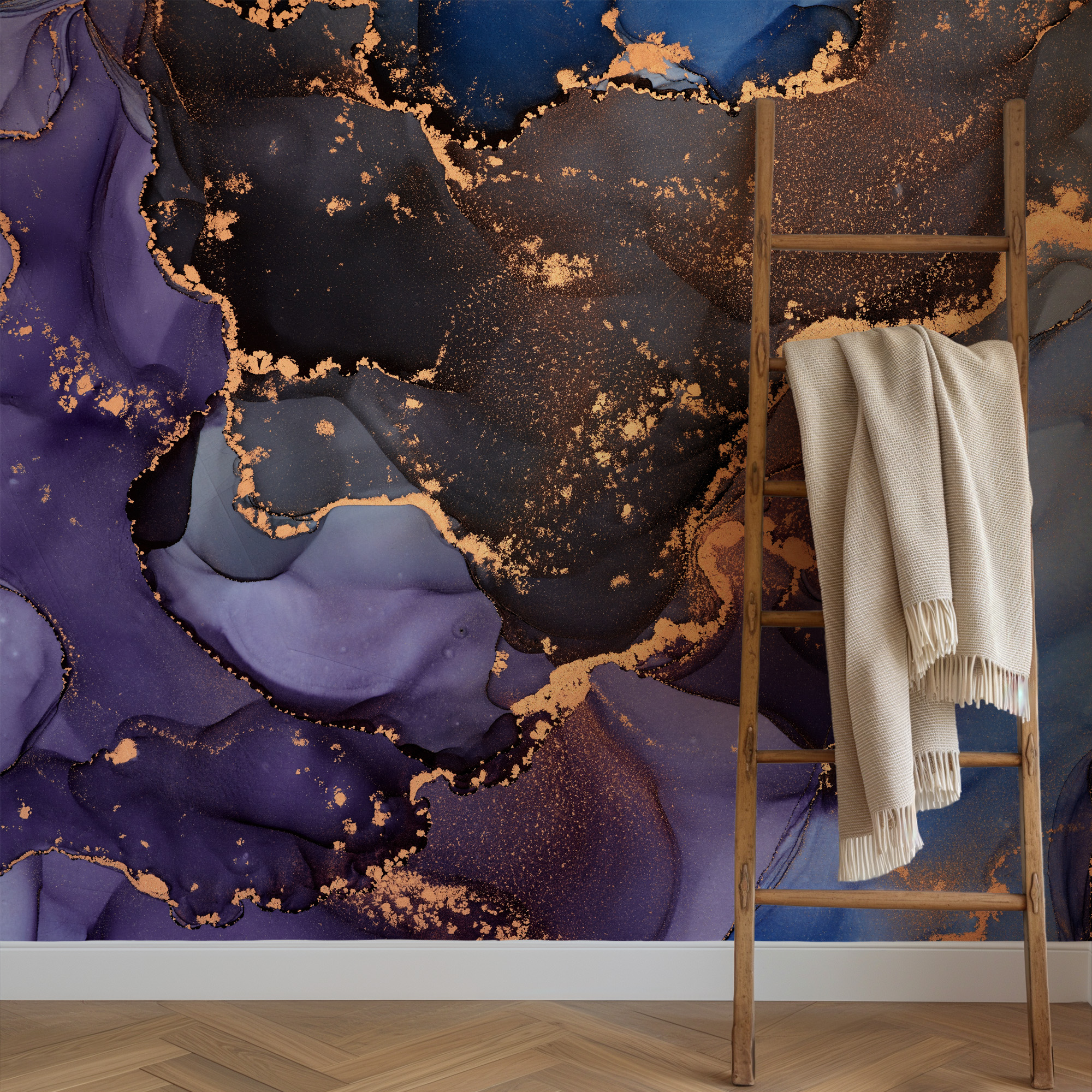 Luxury Purple and Navy Alcohol Ink Peel and Stick Wallpaper, Abstract Gold Vein Wall Mural, Modern Artistic Interior Decor