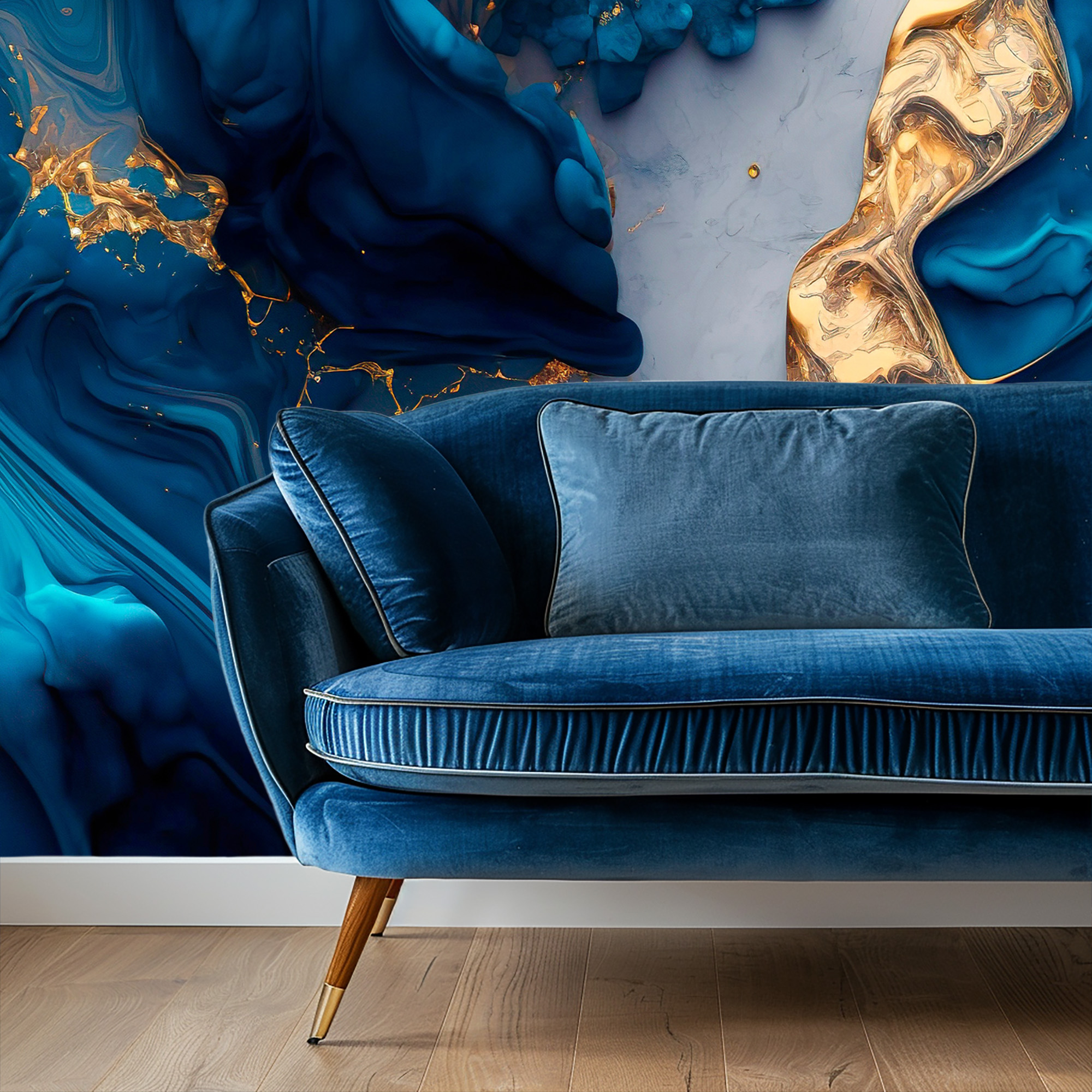Luxury Teal and Gold Fluid Ink Peel and Stick Wallpaper, Abstract Ocean Blue Wall Mural, Modern Artistic Interior Decor