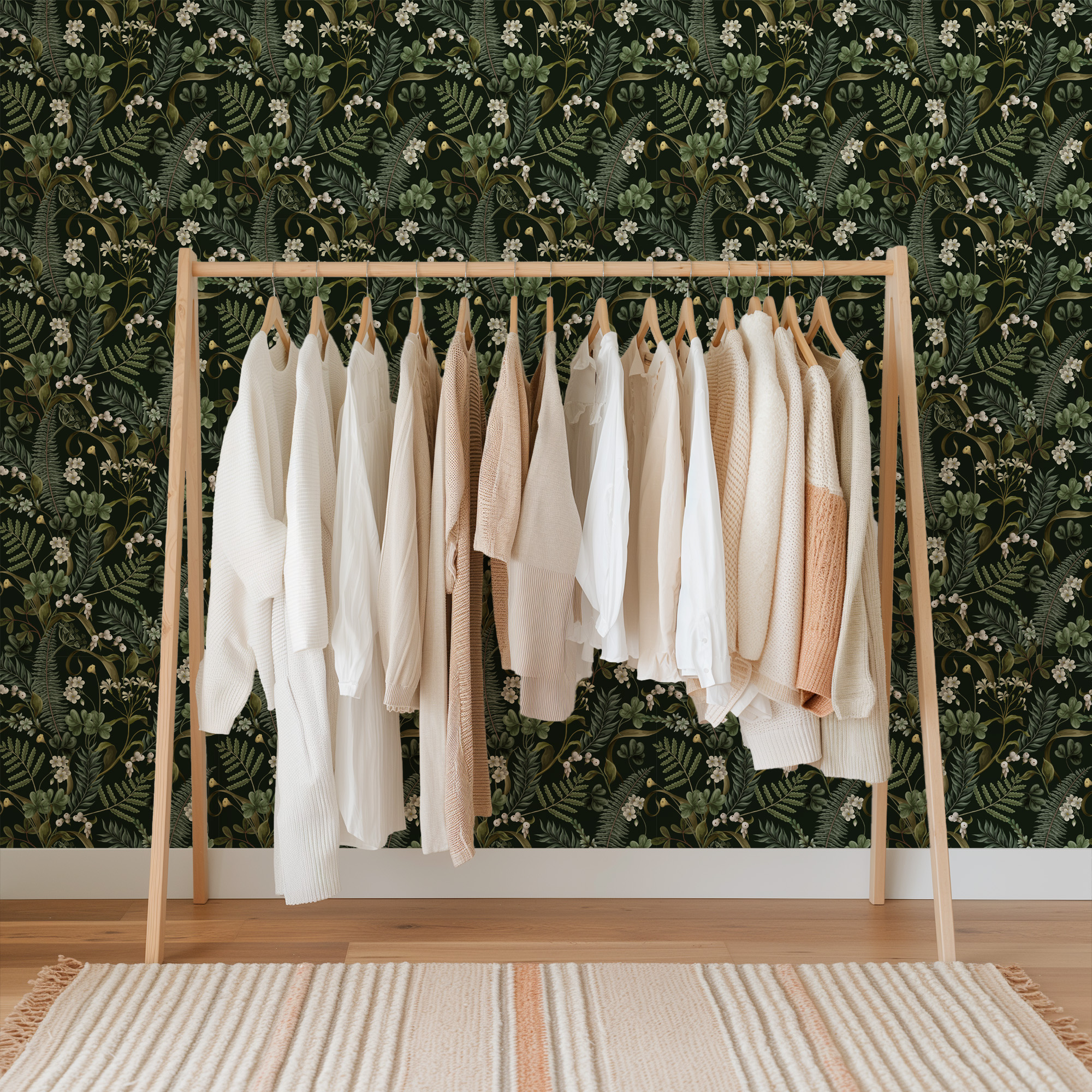 Moody Dark Green Fern and White Berry Peel and Stick Wallpaper, Vintage Botanical Forest Mural, Elegant Dark Academia Wall Decor