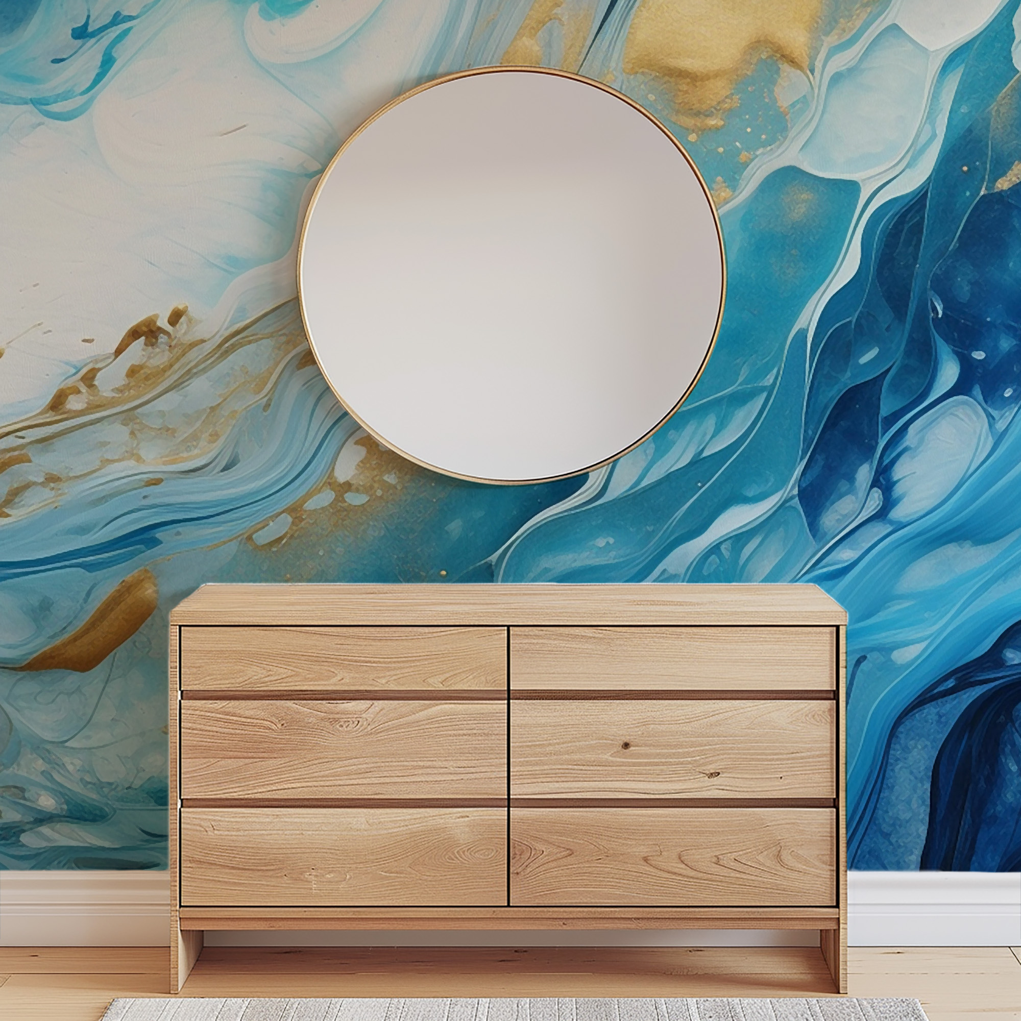 Luxury Azure and Gold Fluid Ink Peel and Stick Wallpaper, Abstract Ocean Blue Wall Mural, Modern Artistic Interior