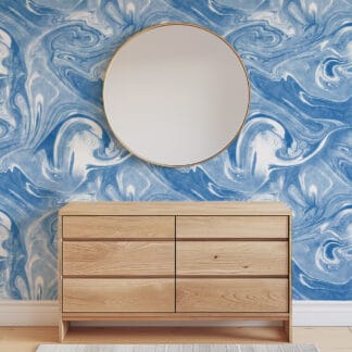 Azure Blue and White Fluid Marble Ink Peel and Stick Wallpaper, Suminagashi Style Wall Mural, Modern Artistic Interior
