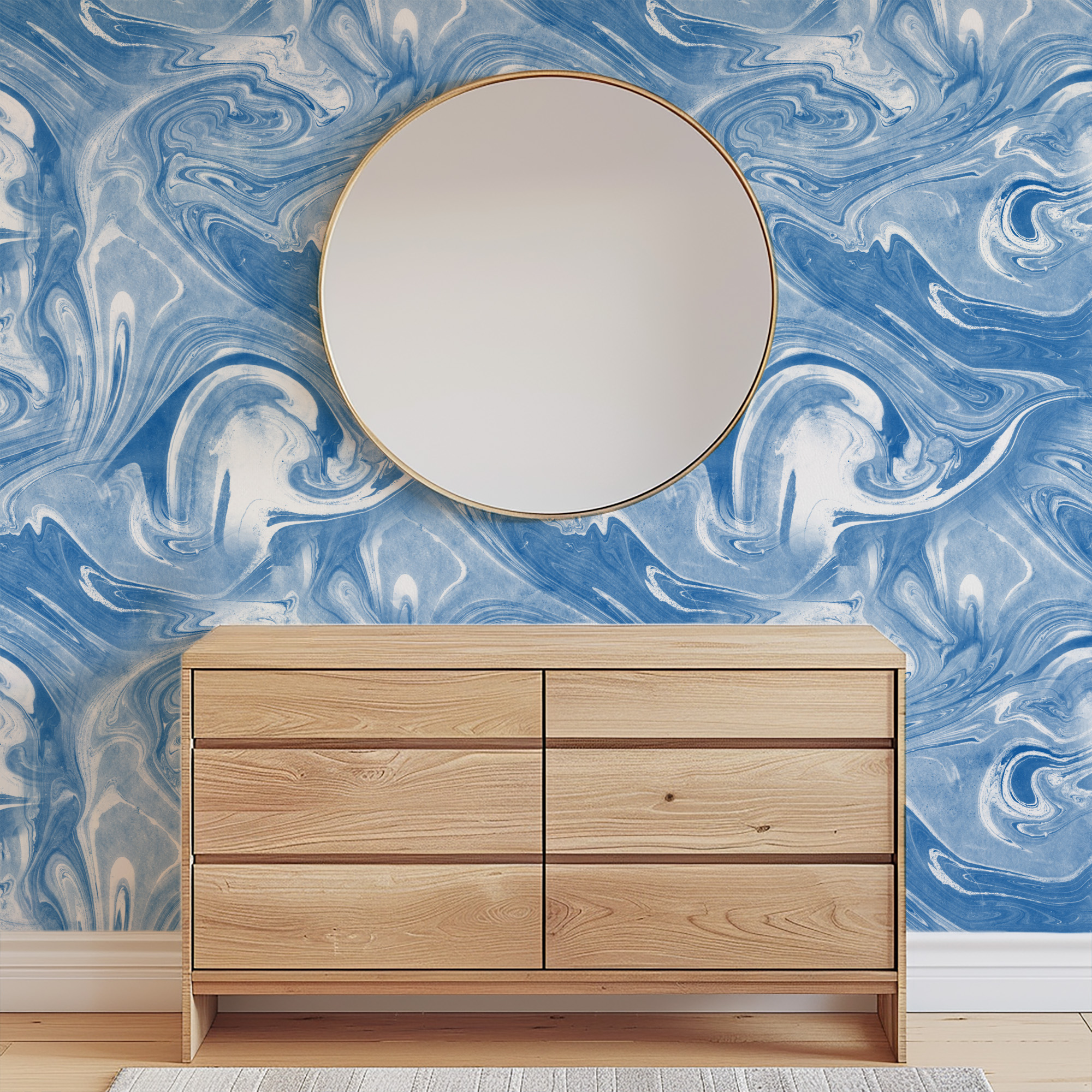 Azure Blue and White Fluid Marble Ink Peel and Stick Wallpaper, Suminagashi Style Wall Mural, Modern Artistic Interior