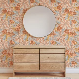 70s Retro Groovy Orange Floral Peel and Stick Wallpaper, Hippie Boho Flower Power Wall Mural, Mid-Century Modern Peach Botanical Decor