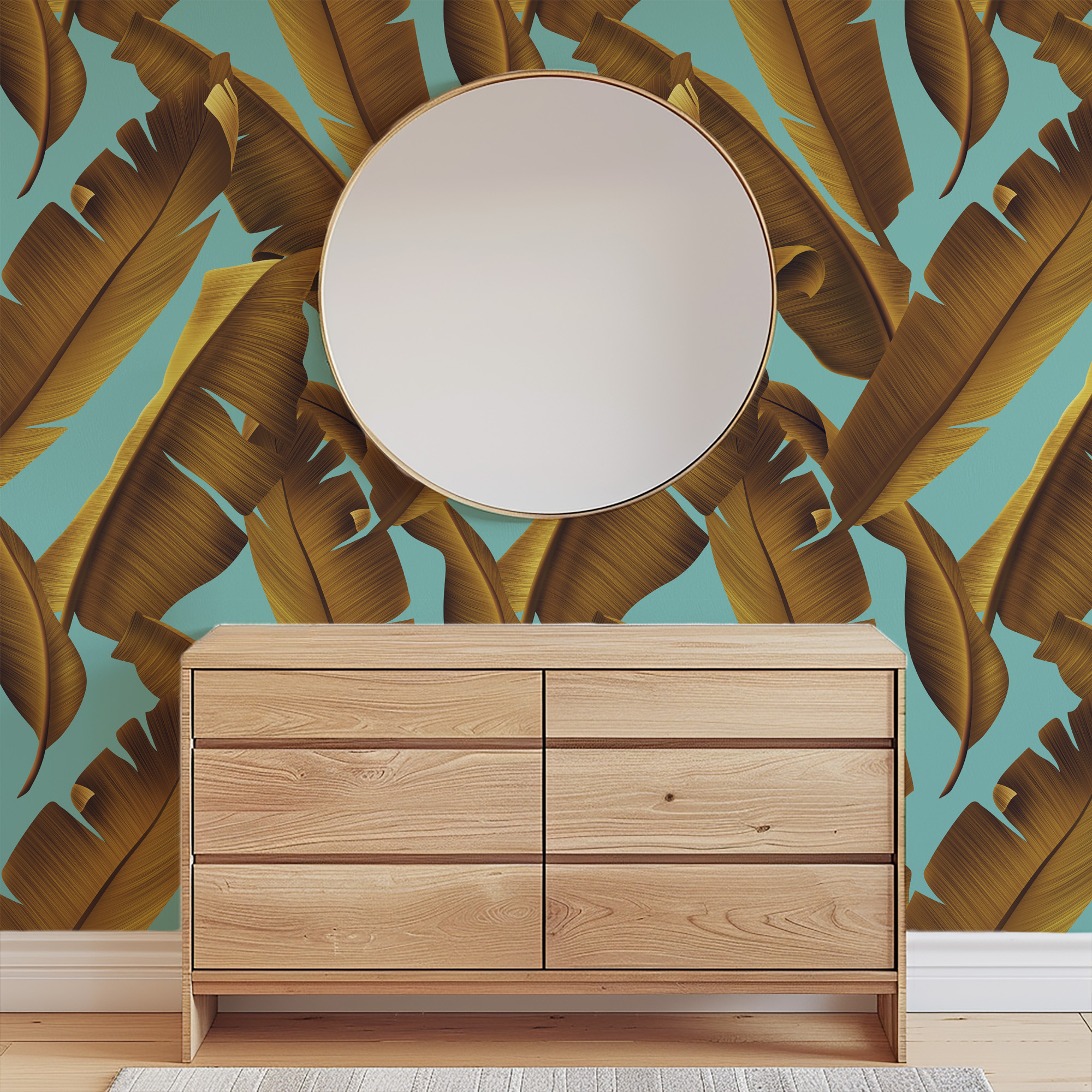 Modern Golden-Brown Banana Leaf Peel and Stick Wallpaper, Bold Teal Tropical Botanical Wall Mural