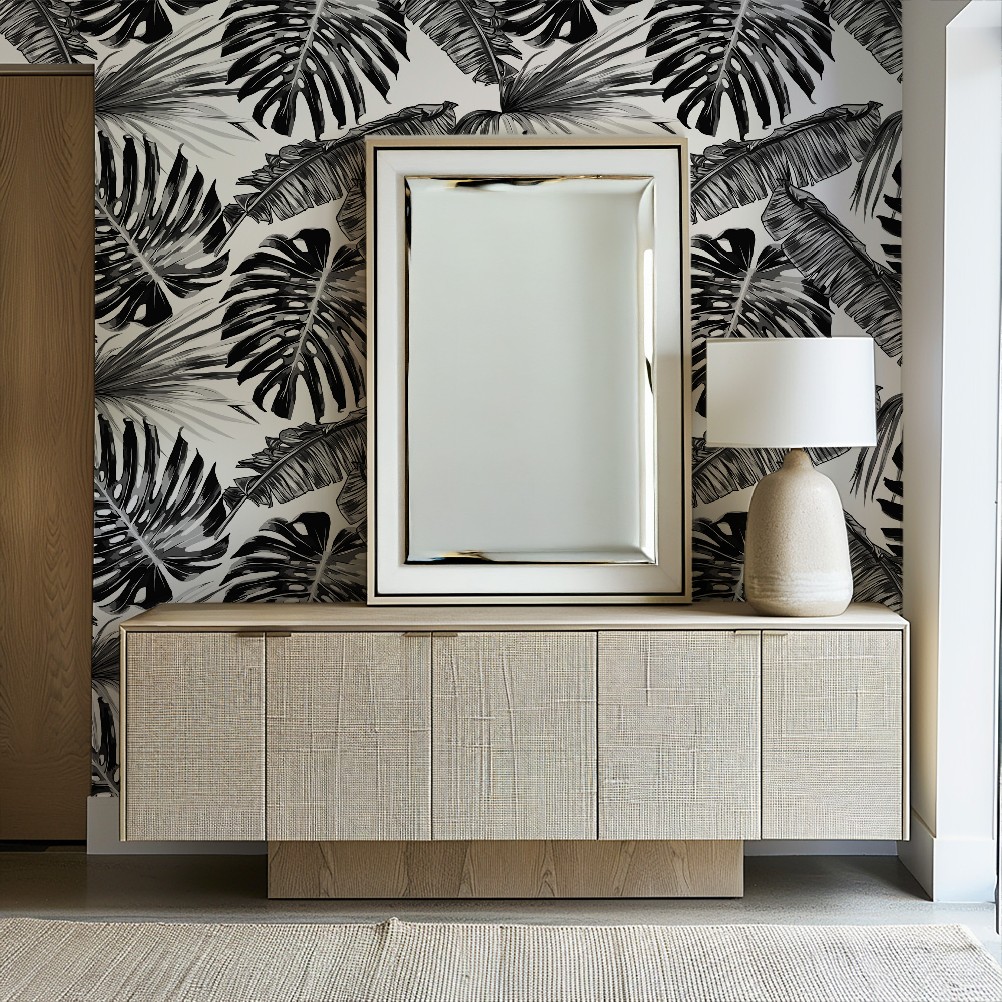 Modern Black and White Monstera and Palm Leaf Peel and Stick Wallpaper, Monochrome Tropical Wall Mural
