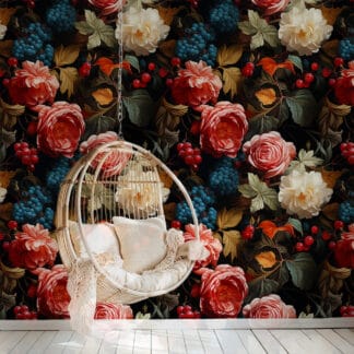 Moody Still Life Fruit and Floral Peel and Stick Wallpaper, Vintage Dutch Rose and Grape Wall Mural, Dark Maximalist Nature Decor