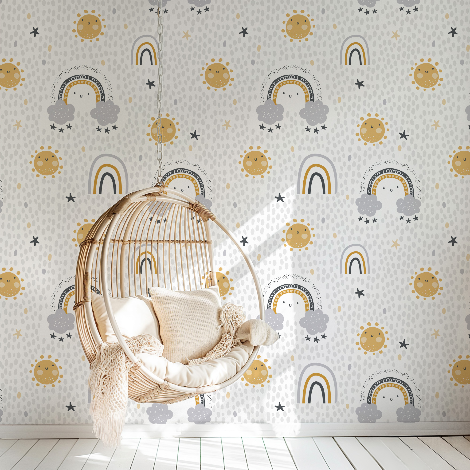 Happy Sun and Rainbow Kids Peel and Stick Wallpaper, Muted Mustard and Grey Nursery Wall Mural, Playful Scandi Decor