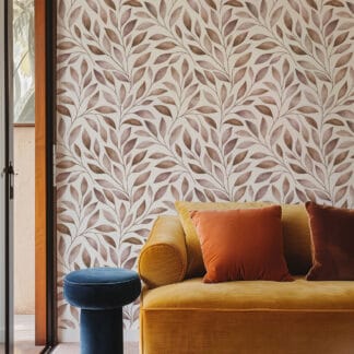 Neutral Watercolor Leaf Botanical Peel and Stick Wallpaper, Earthy Brown and Taupe Nature Wall Mural
