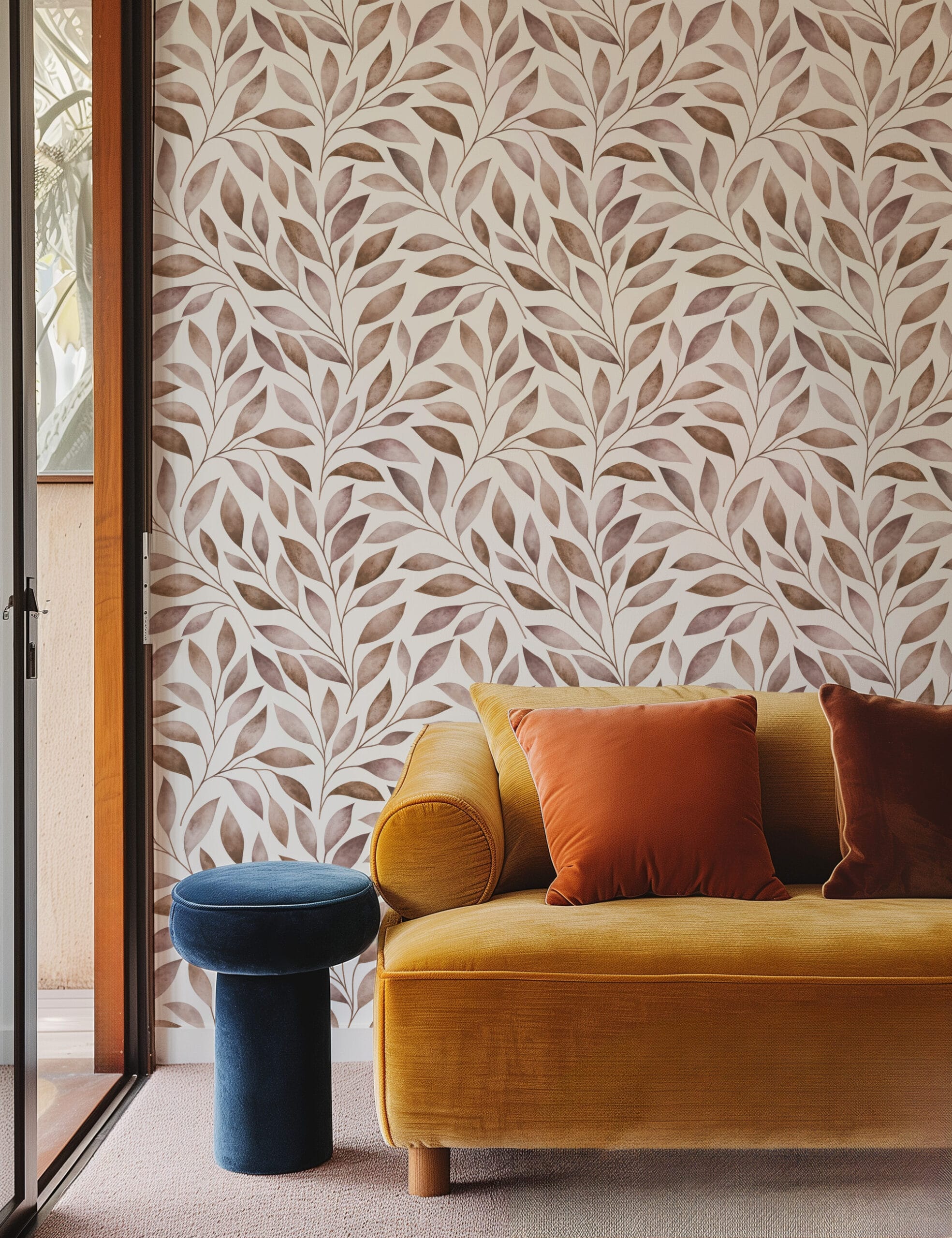 Neutral Watercolor Leaf Botanical Peel and Stick Wallpaper, Earthy Brown and Taupe Nature Wall Mural