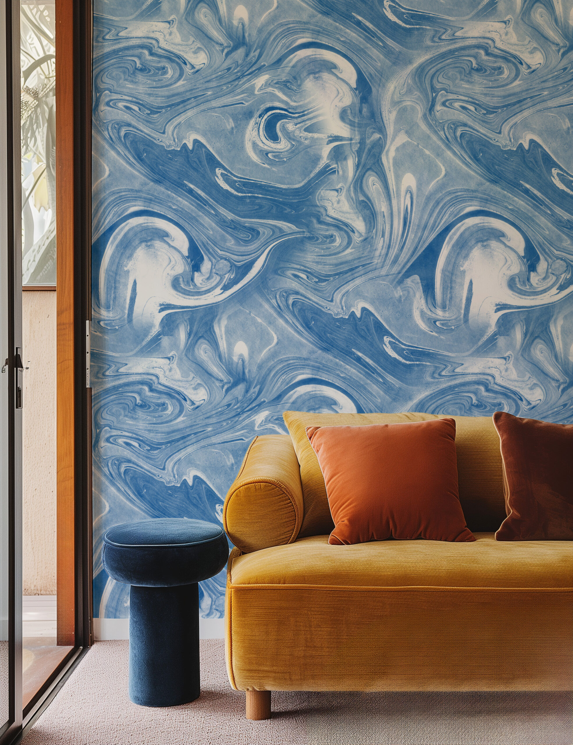 Azure Blue and White Fluid Marble Ink Peel and Stick Wallpaper, Suminagashi Style Wall Mural, Modern Artistic Interior