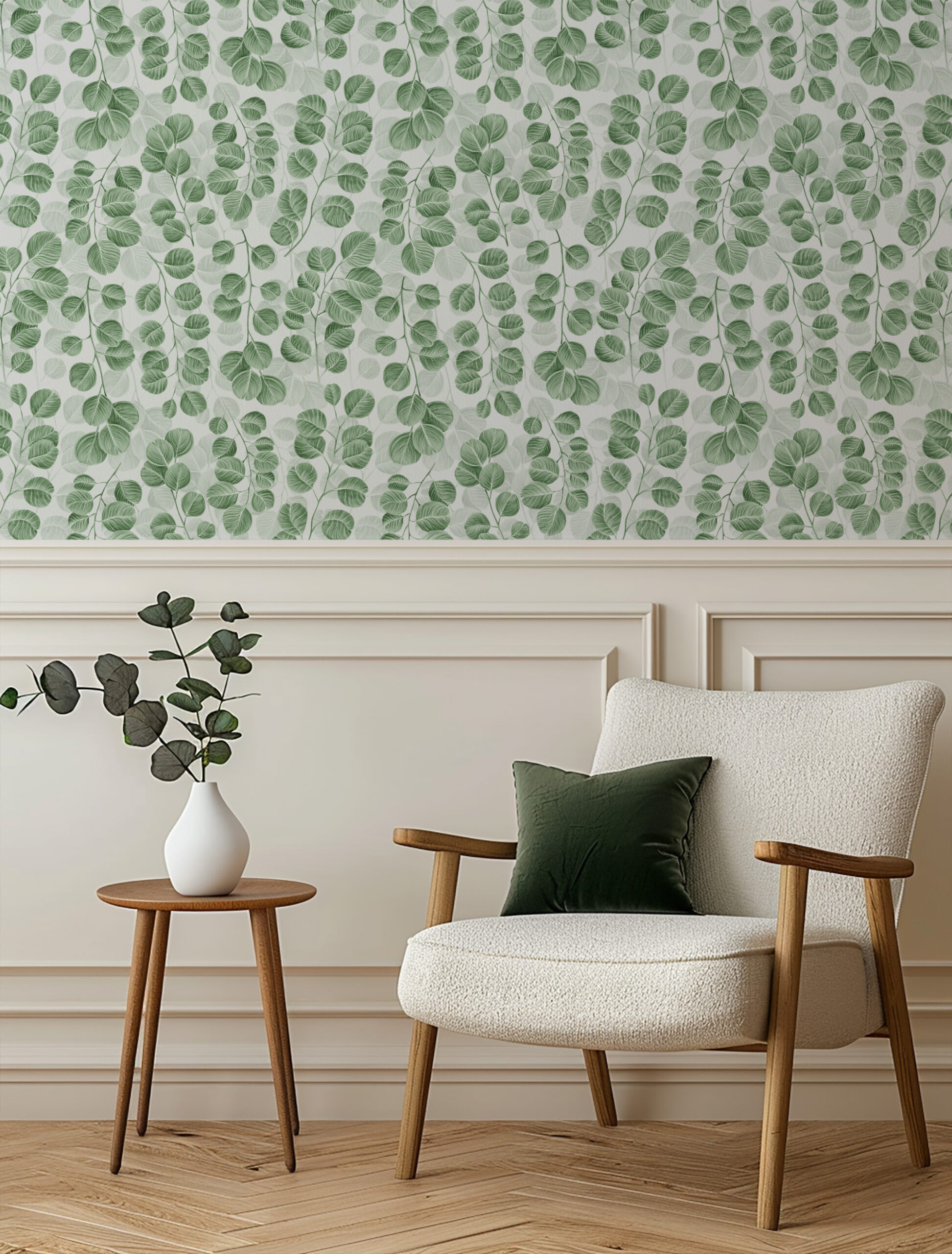 Watercolor Green Cascading Leaves Botanical Peel and Stick Wallpaper, Modern Nature Kitchen Wall Mural