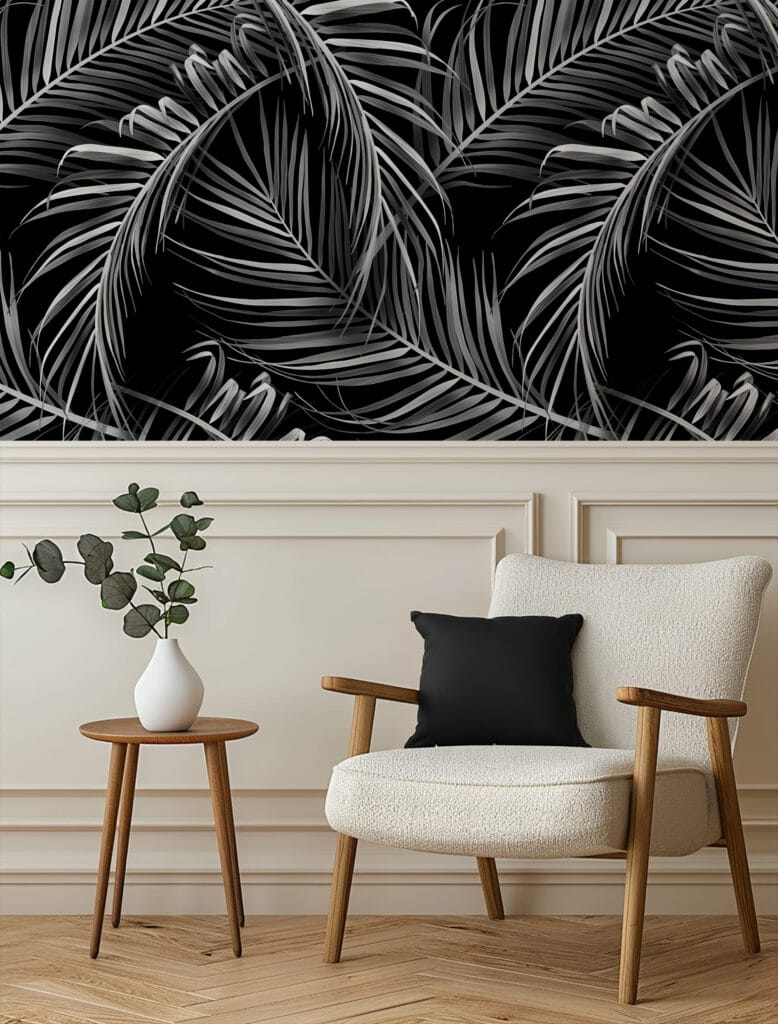 Modern Black and White Palm Leaf Peel and Stick Wallpaper, Large Scale ...