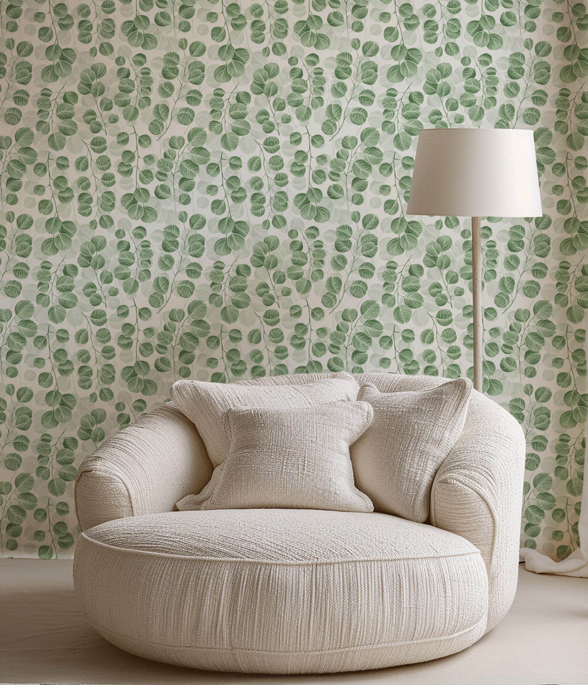 Watercolor Green Cascading Leaves Botanical Peel and Stick Wallpaper, Modern Nature Kitchen Wall Mural