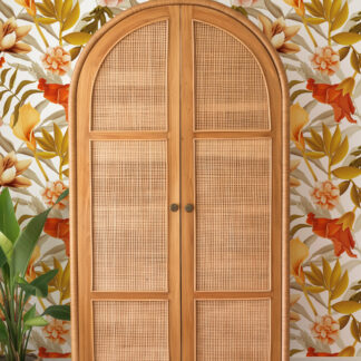 Orange and Peach Floral Peel and Stick Wallpaper, Retro Modern Botanical Wall Mural, Warm Yellow Leaf Nature Decor