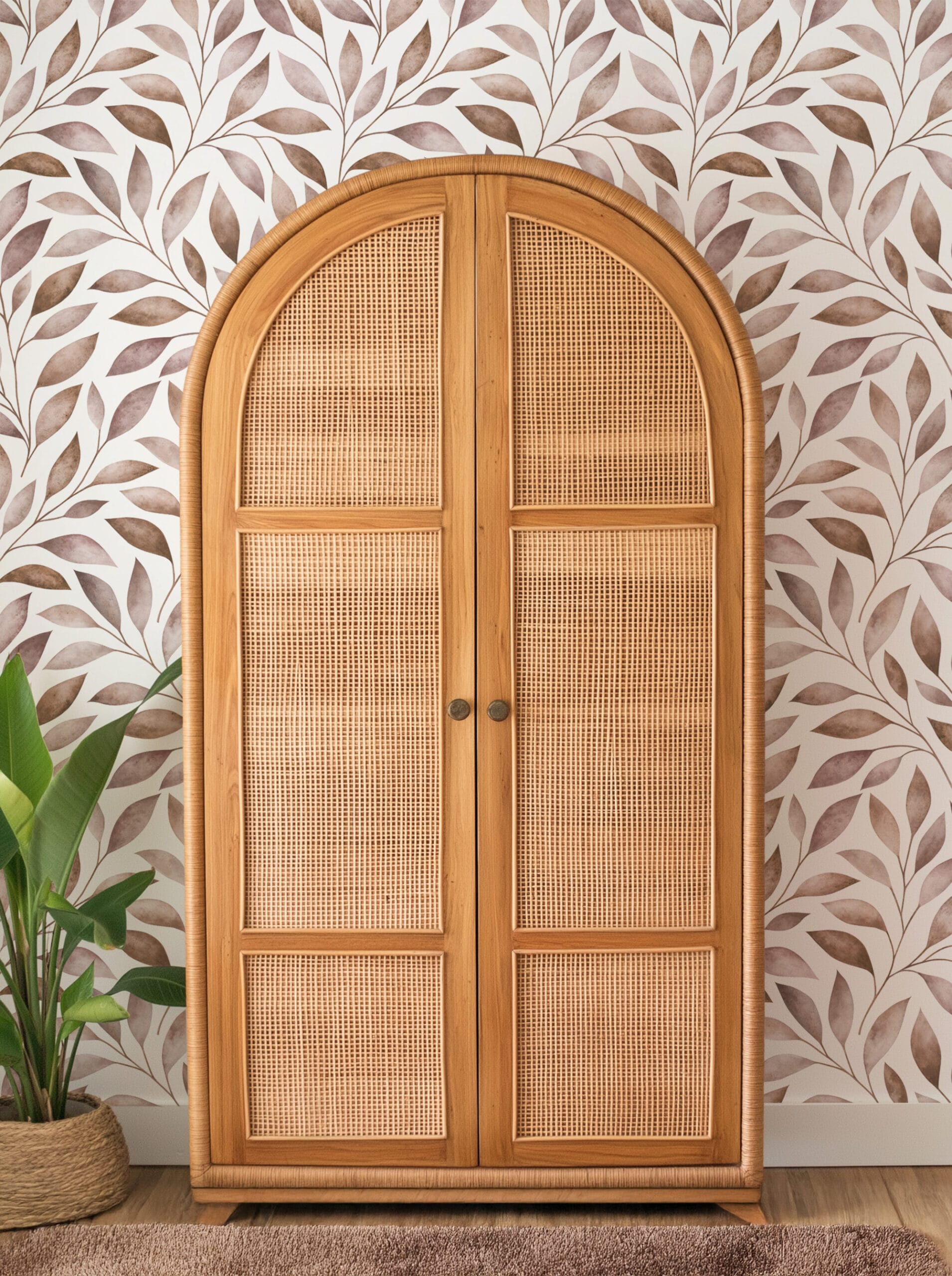 Neutral Watercolor Leaf Botanical Peel and Stick Wallpaper, Earthy Brown and Taupe Nature Wall Mural