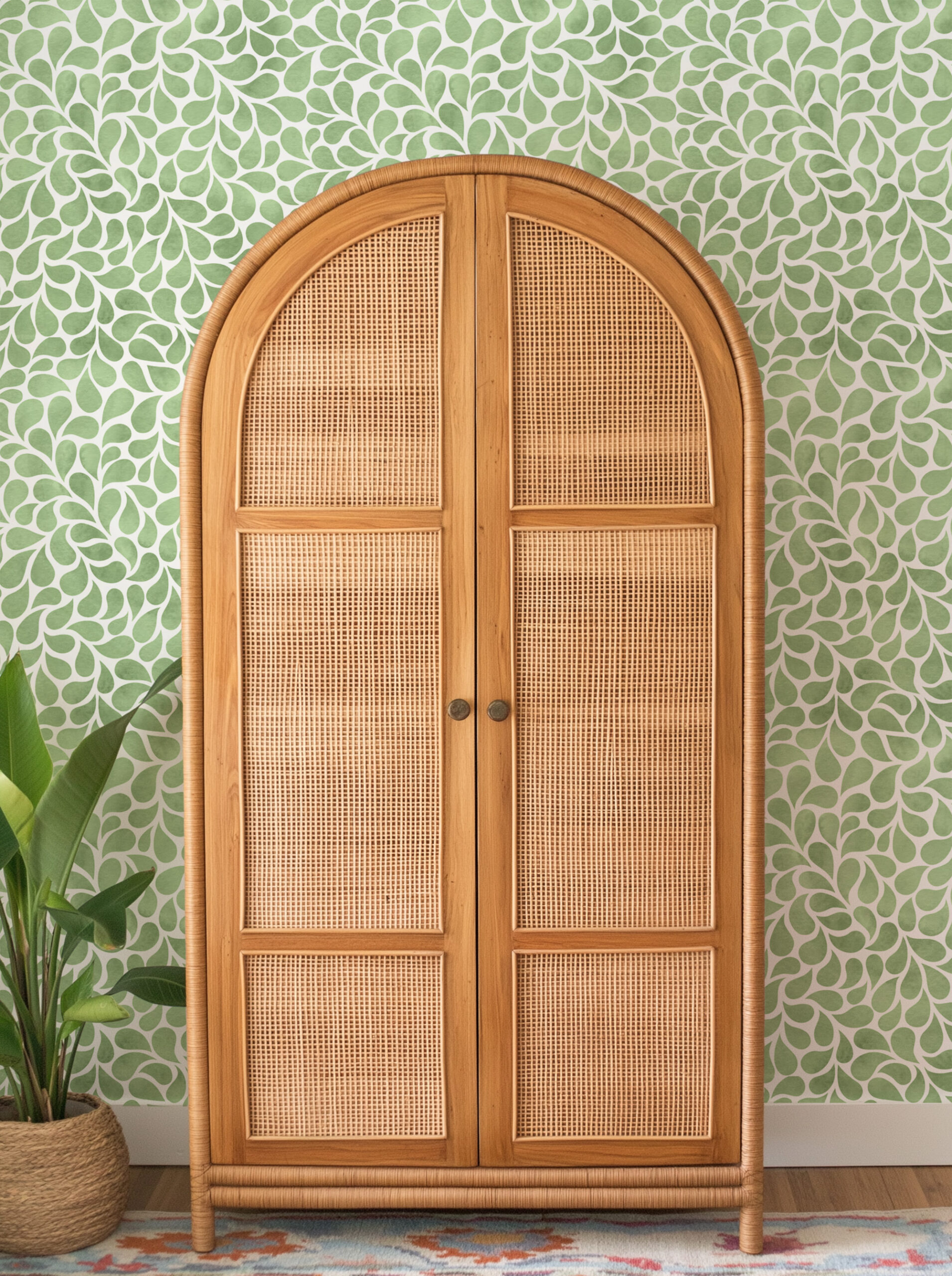 Sage Green Watercolor Leaf Drops Peel and Stick Wallpaper, Modern Botanical Bathroom Wall Mural