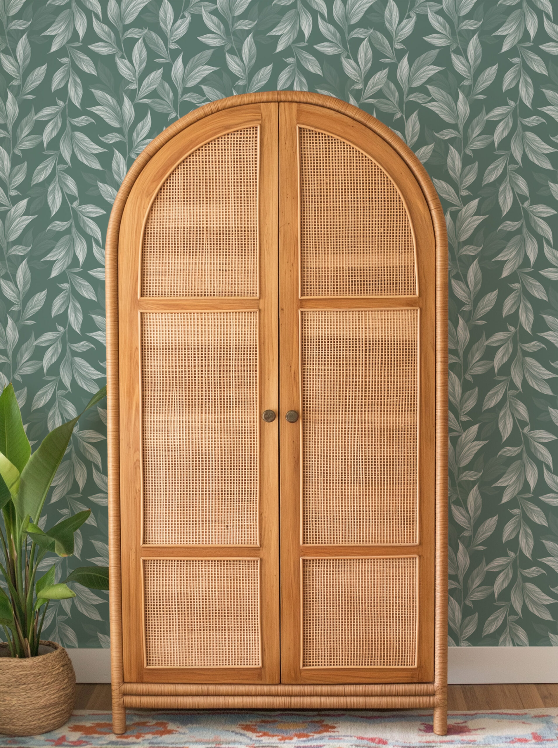 Sage Green and White Botanical Leaf Peel and Stick Wallpaper, Modern Teal Foliage Wall Mural