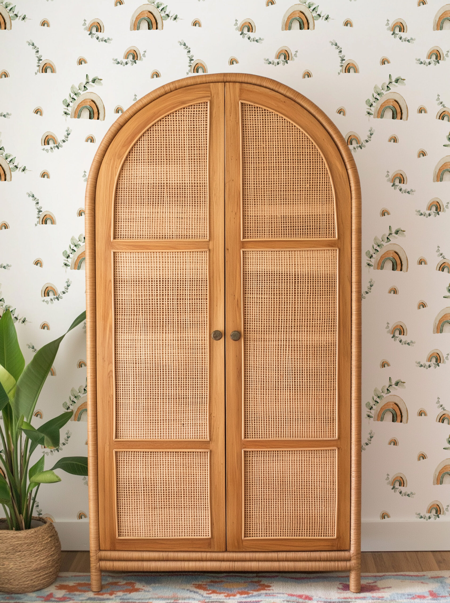 Modern Boho Rainbow and Eucalyptus Leaves Peel and Stick Wallpaper, Neutral Nursery Wall Mural