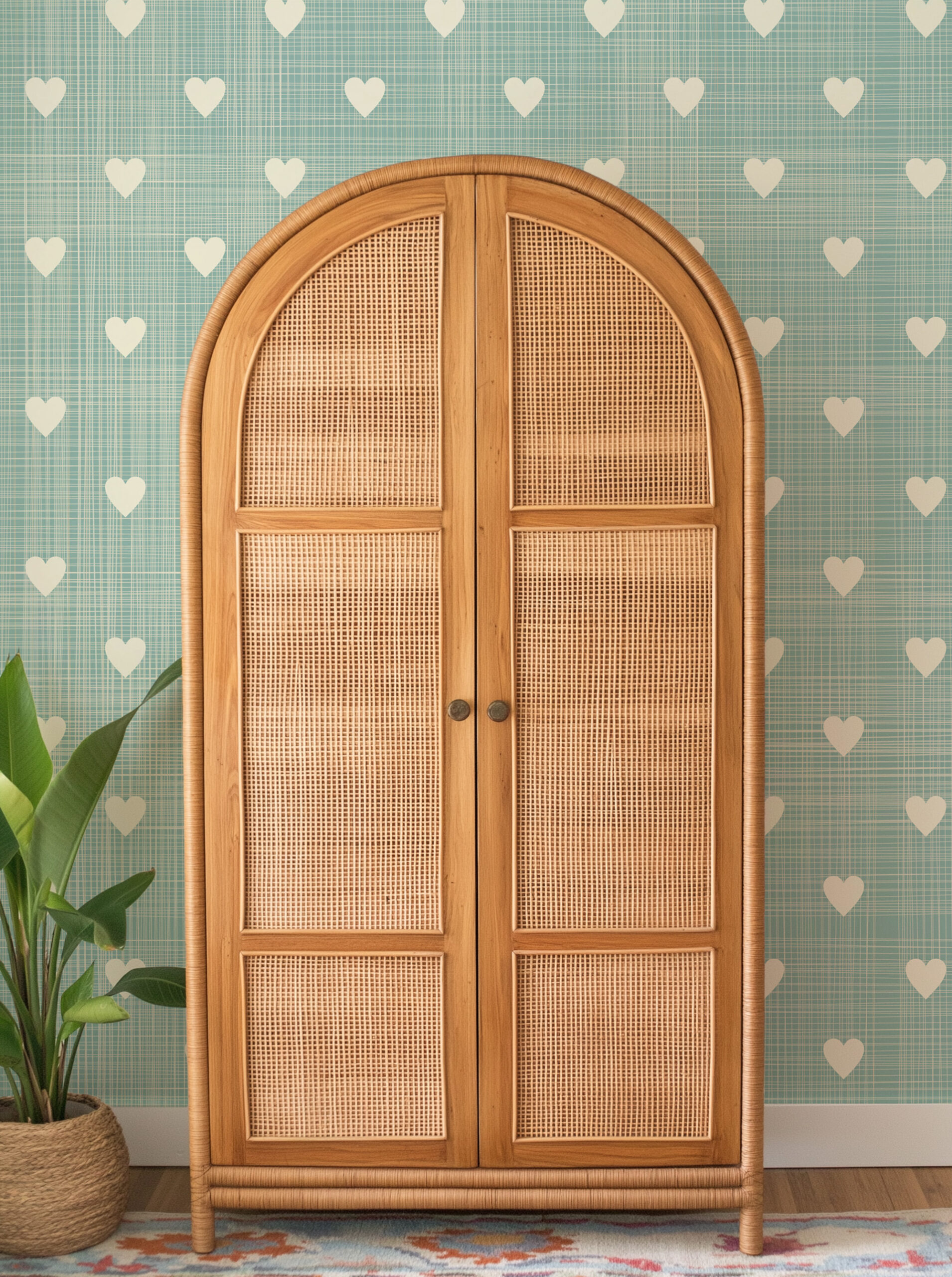 Teal Linen Texture Heart Pattern Peel and Stick Wallpaper, Minimalist Sage Green Nursery Wall Mural, Removable Kids Room Decor