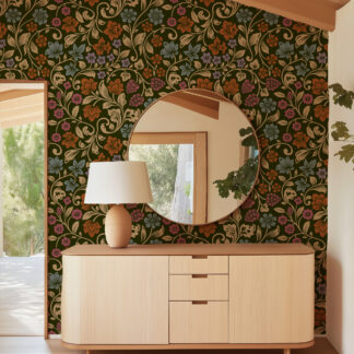 Vintage Olive Green Floral Peel and Stick Wallpaper, Retro Folk Art Botanical Wall Mural, Terracotta and Purple Flower Wall Decor