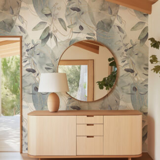 Abstract Watercolor Eucalyptus Peel and Stick Wallpaper, Ethereal Botanical Wall Mural with Gold Lines, Soft Sage and Blue Nature Decor