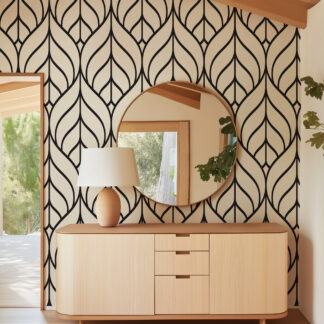 Minimalist Black and White Geometric Leaf Peel and Stick Wallpaper, Bold Line Art Wall Mural, Modern Scandi Bedroom Decor