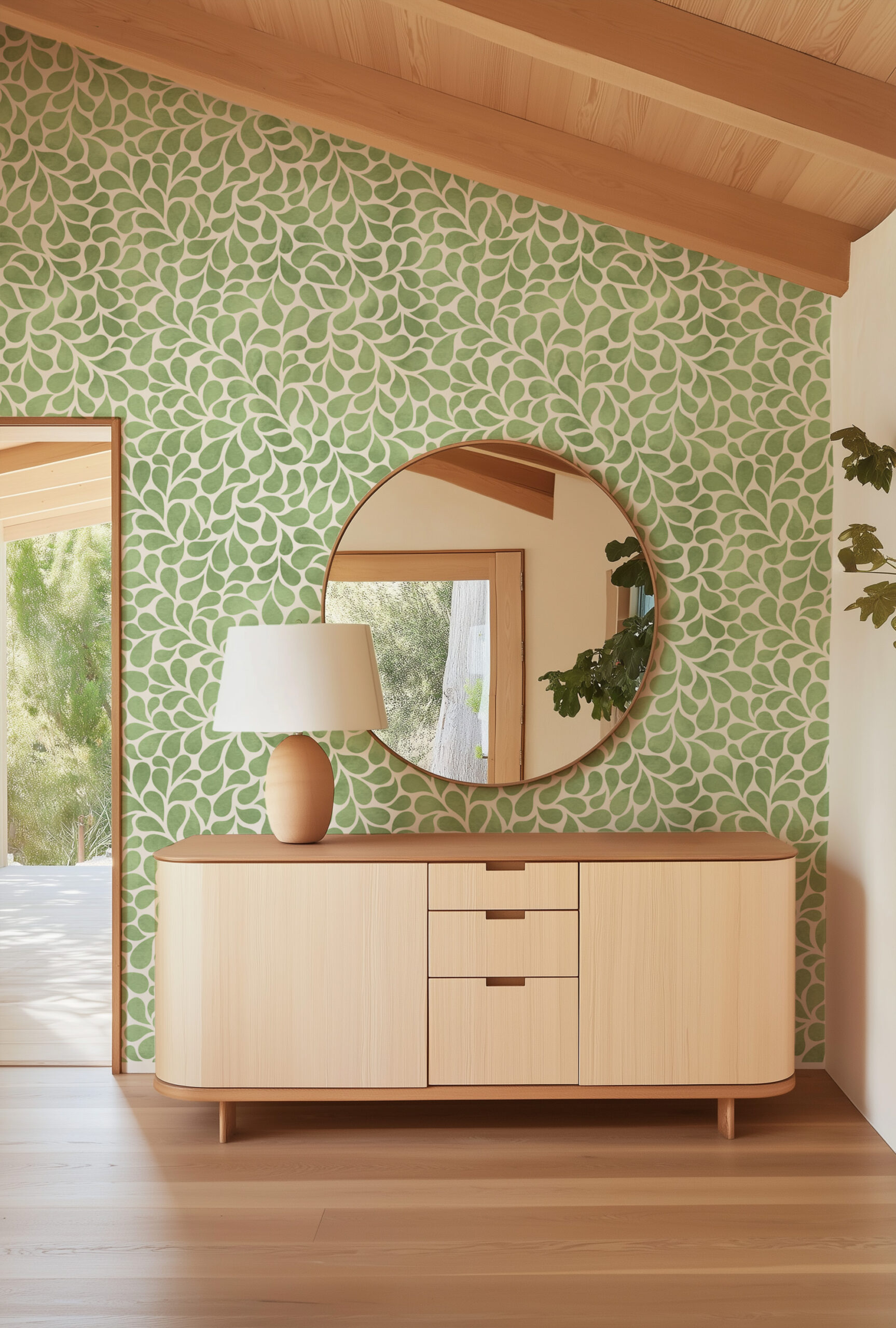 Sage Green Watercolor Leaf Drops Peel and Stick Wallpaper, Modern Botanical Bathroom Wall Mural