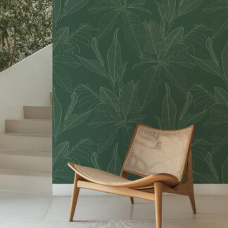 Modern Dark Green Tropical Leaf Line Art Peel and Stick Wallpaper, Elegant Botanical Foliage Wall Mural
