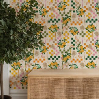 Retro Groovy Orange and Checkerboard Peel and Stick Wallpaper, Funky 70s Palm Tree Wall Mural, Mid-Century Modern Citrus Decor