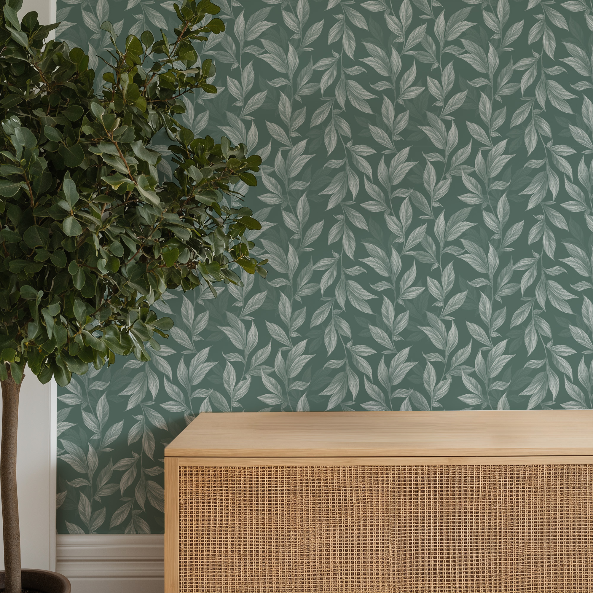 Sage Green and White Botanical Leaf Peel and Stick Wallpaper, Modern Teal Foliage Wall Mural