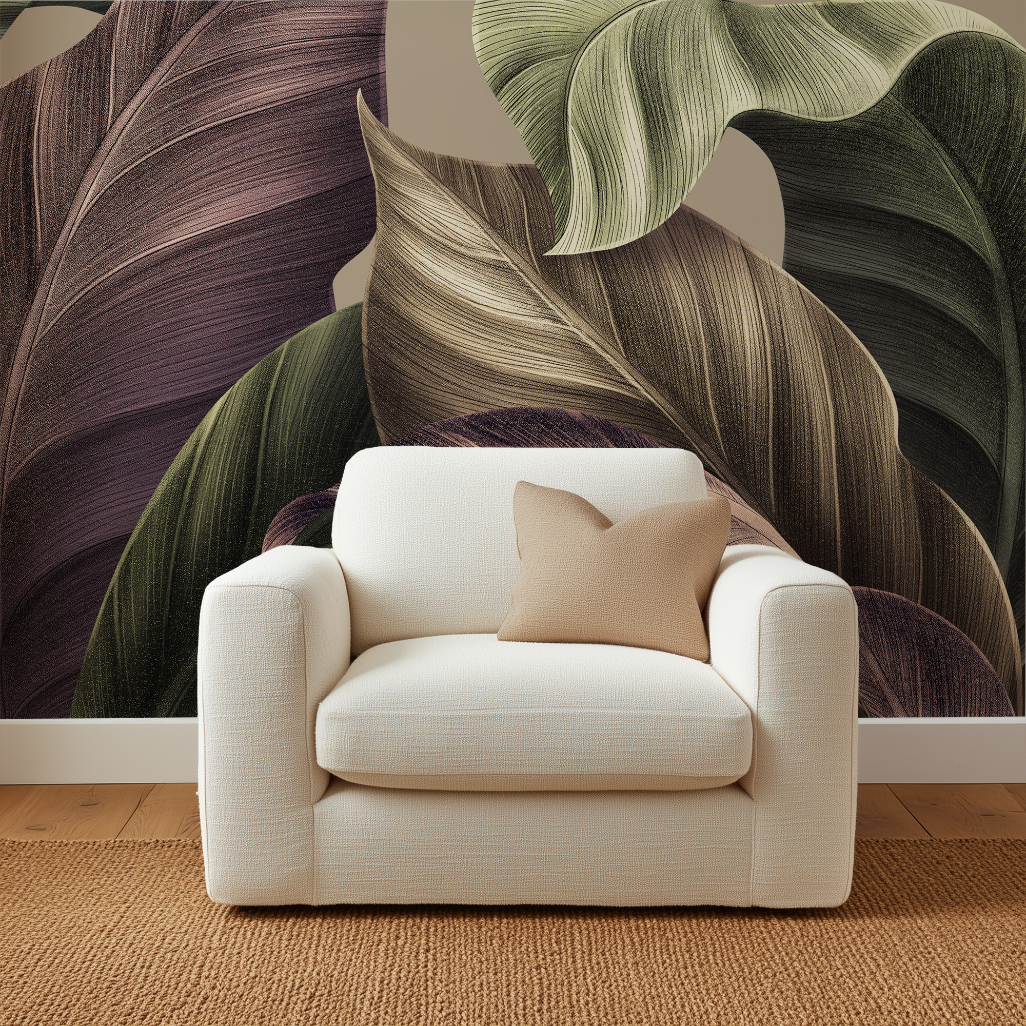 Luxury Large Scale Earthy Tropical Leaves Peel and Stick Wallpaper, Modern Muted Botanical Wall Mural