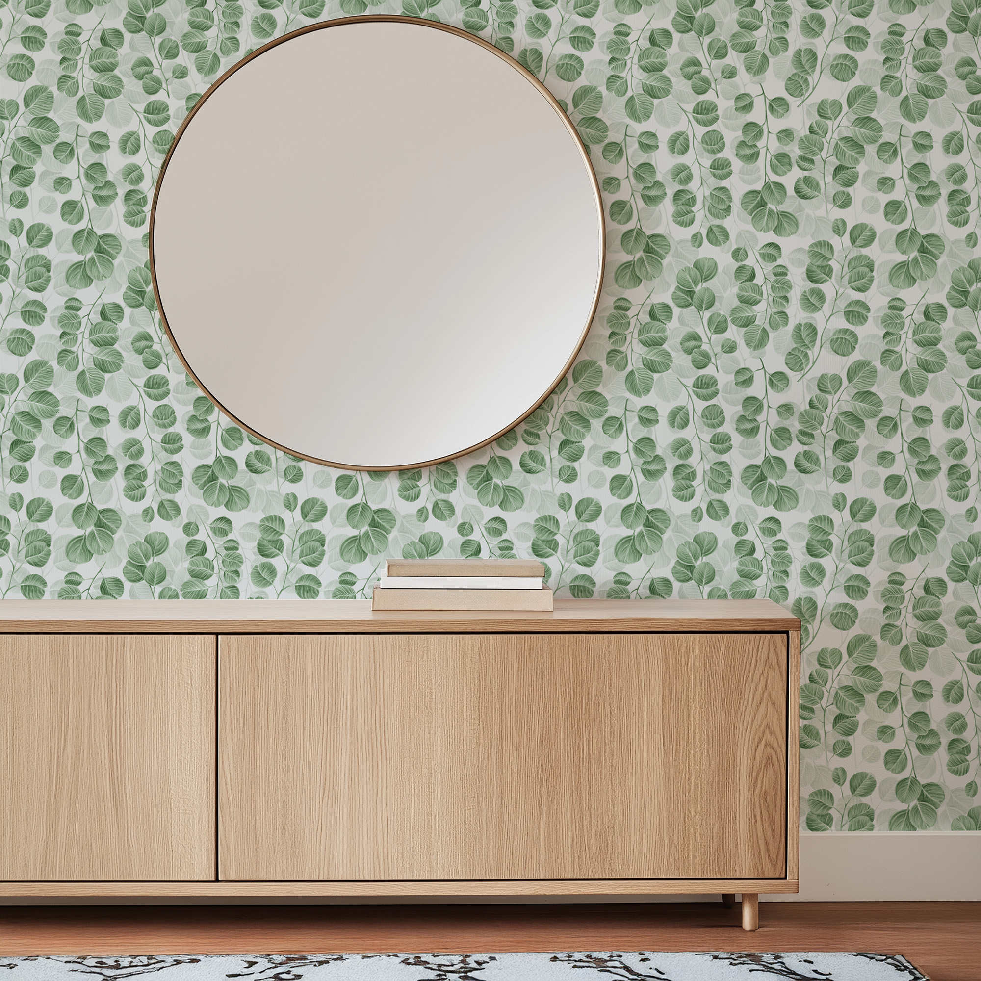 Watercolor Green Cascading Leaves Botanical Peel and Stick Wallpaper, Modern Nature Kitchen Wall Mural